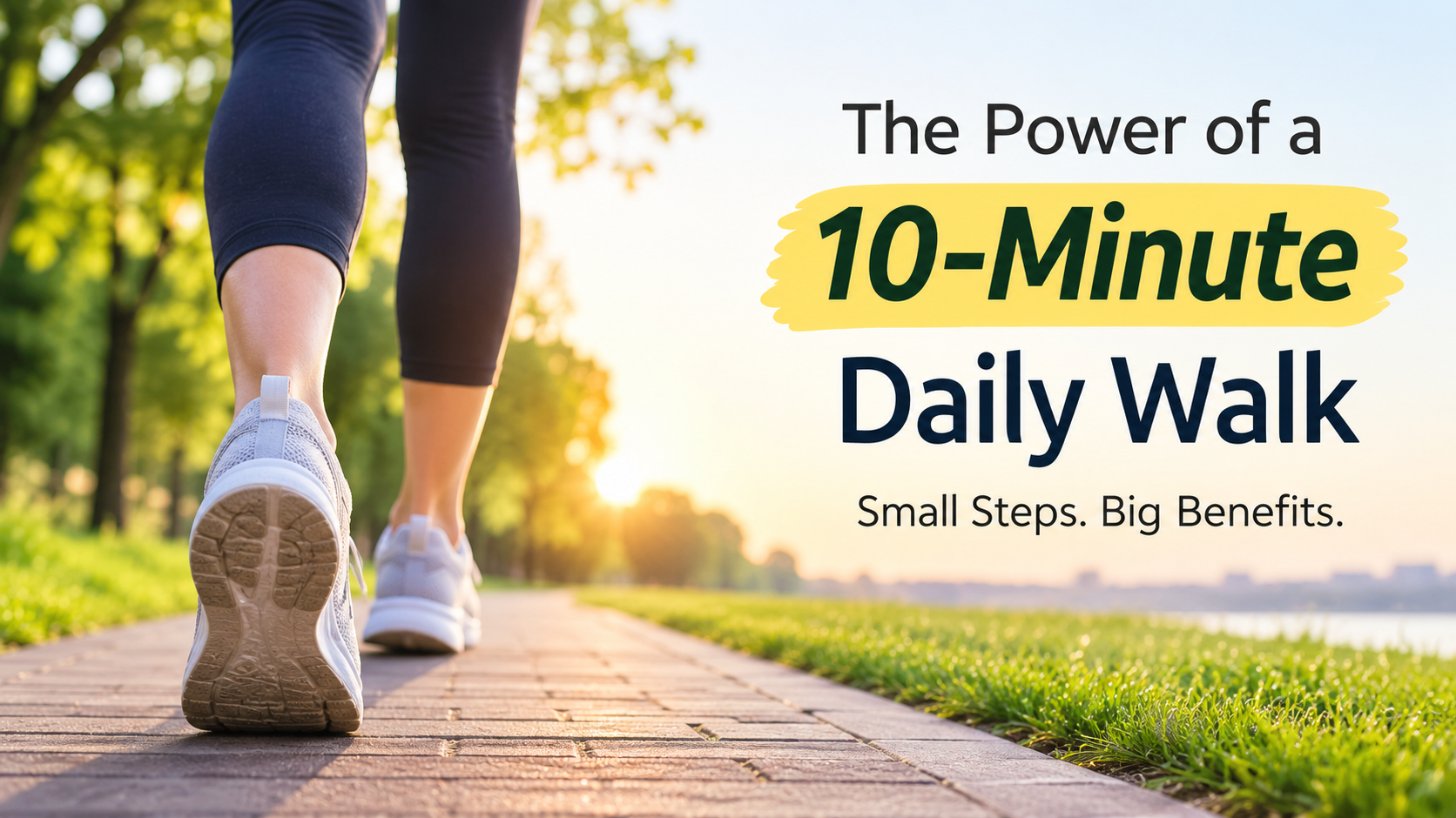 Person walking on a sunny park path with the text “The Power of a 10-Minute Daily Walk” and “Small Steps. Big Benefits.”