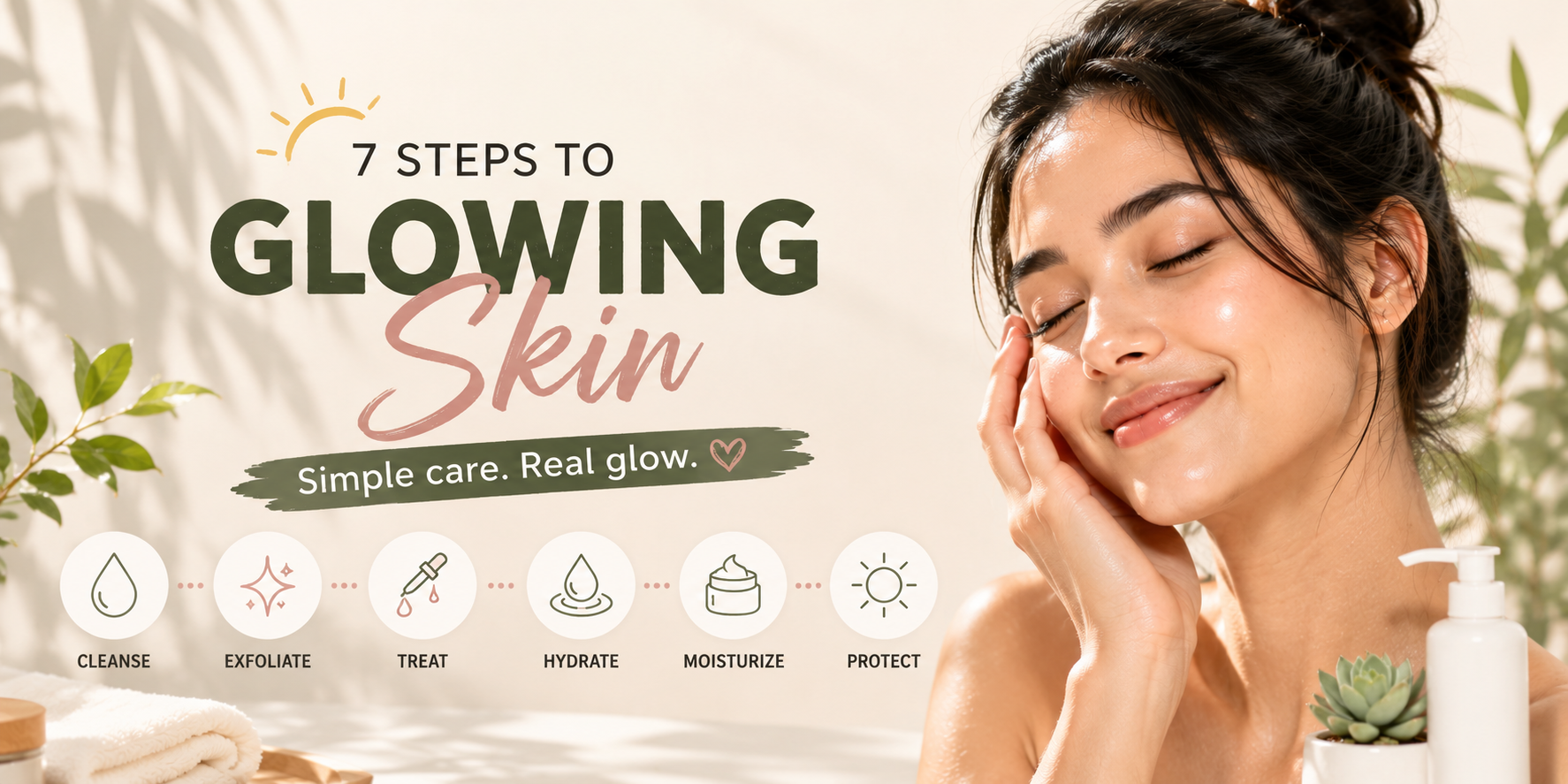 Skincare routine for glowing skin featuring a woman with radiant skin and six simple steps: cleanse, exfoliate, treat, hydrate, moisturize, and protect.