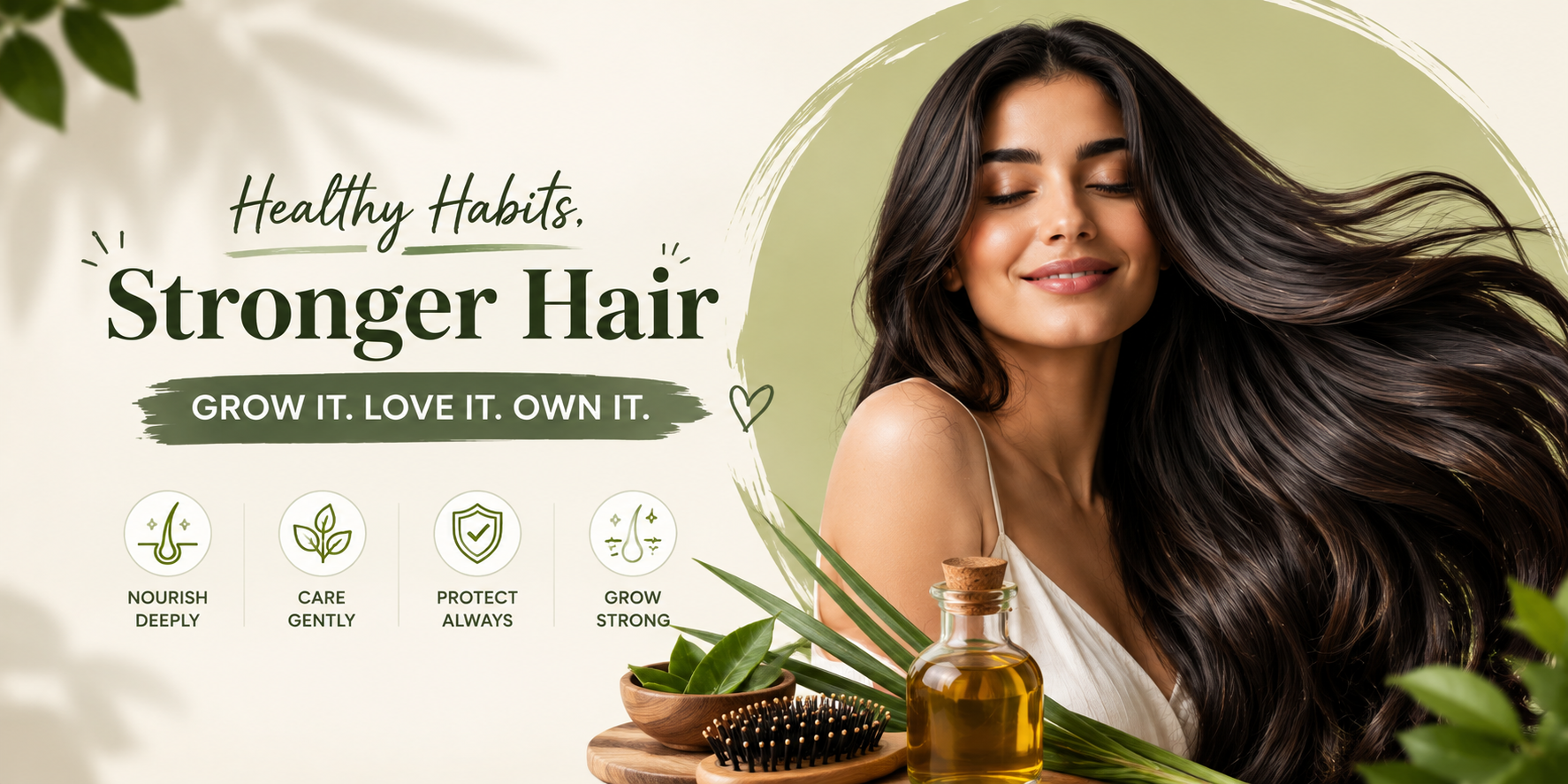 Healthy hair growth habits featuring a woman with long glossy hair, natural hair care products, and tips for stronger healthier hair.
