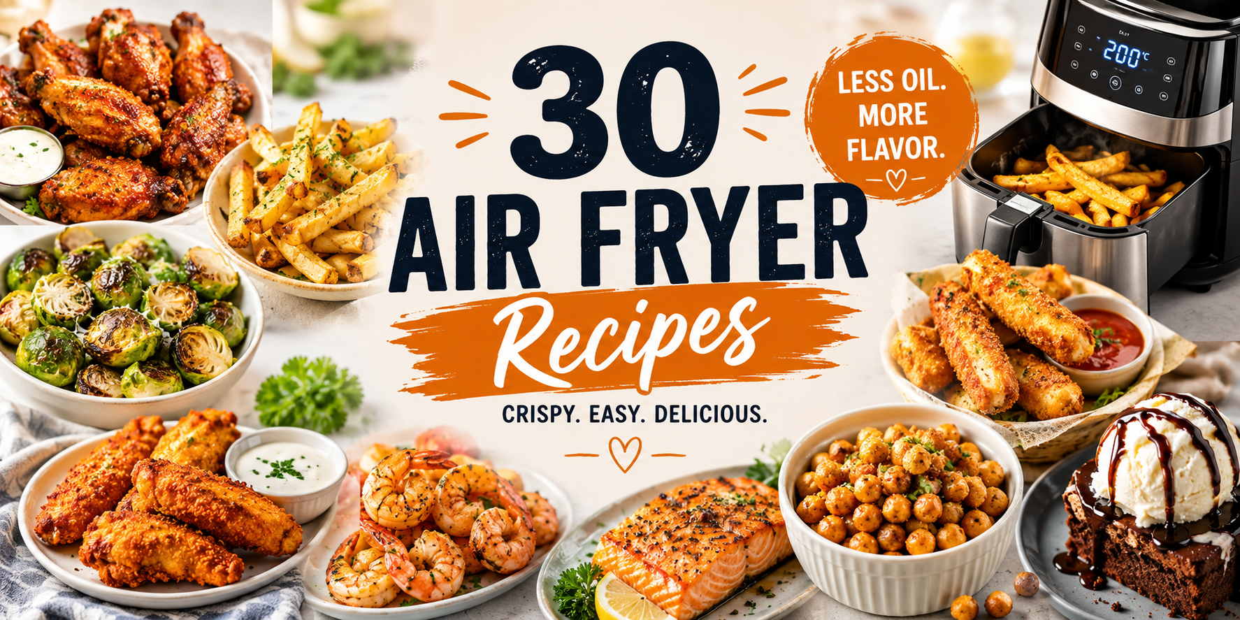 30 easy air fryer recipes featuring crispy chicken wings, fries, vegetables, shrimp, salmon, snacks, and desserts