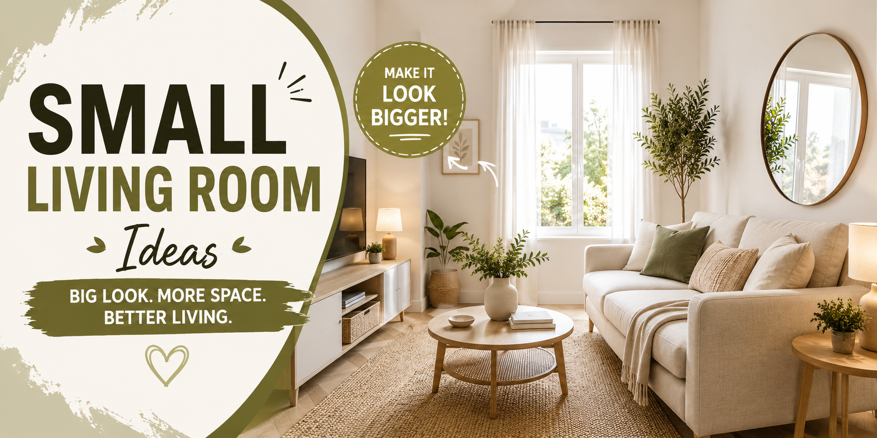 Small living room with a bright, stylish interior featuring a neutral sofa, round coffee table, large mirror, natural light, plants, and space-saving decor ideas.