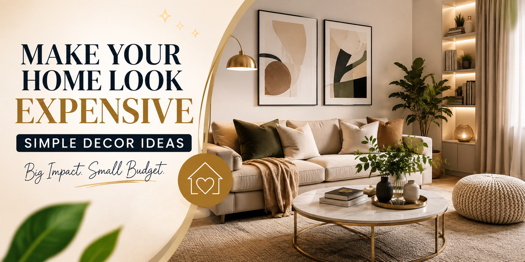 Elegant living room with neutral decor, gold accents, stylish furniture, indoor plants, and wall art showcasing simple home decor ideas for an expensive-looking home.