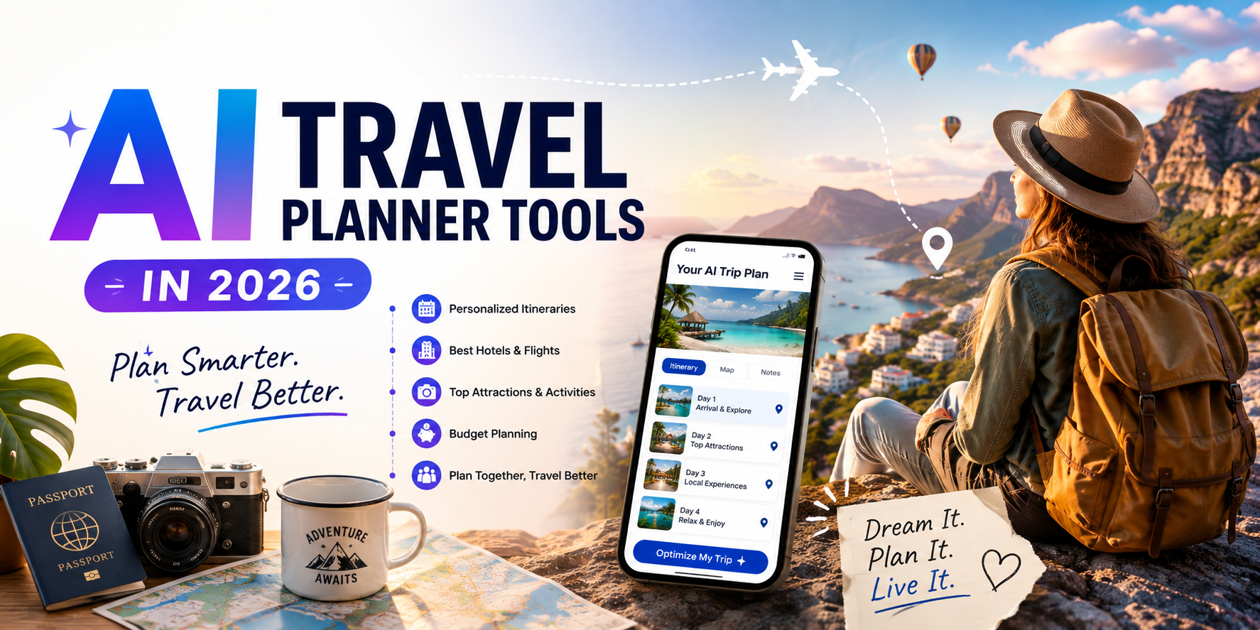AI travel planner tools in 2026 featuring personalized itineraries, hotel and flight planning, attractions, budget planning, and a scenic vacation destination.