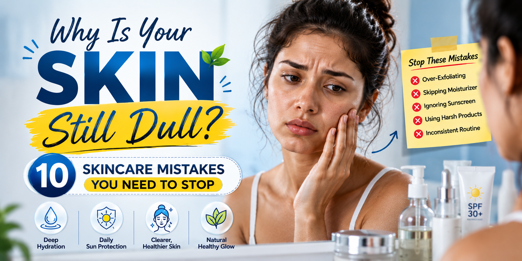 Why Is Your Skin Still Dull? 10 skincare mistakes to stop, featuring a woman examining dull skin with skincare products and tips for hydration, sun protection, and healthier skin.