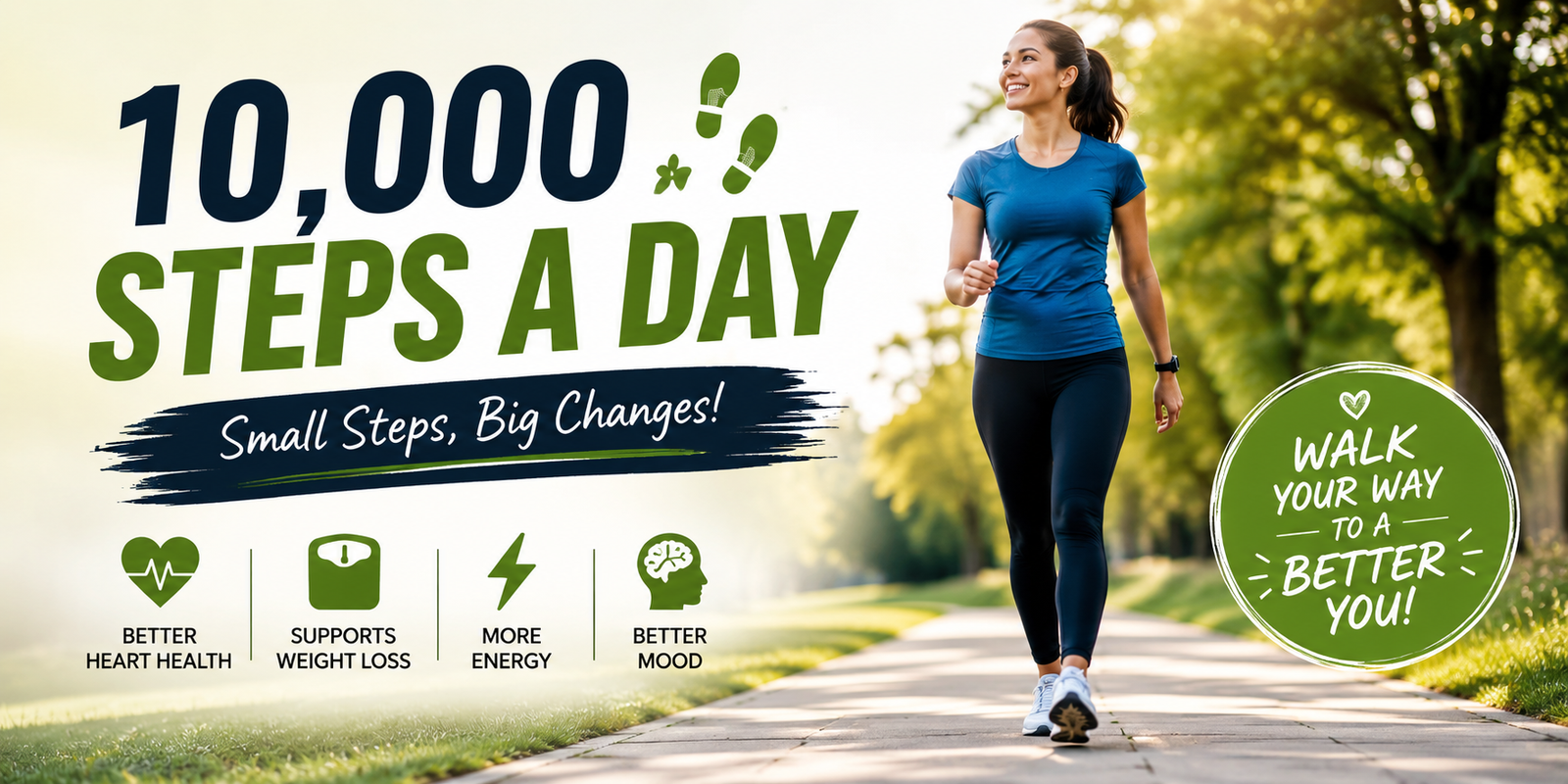 Woman walking outdoors on a sunny path with a fitness banner promoting 10,000 steps a day, highlighting walking benefits for heart health, weight management, energy, and mood.