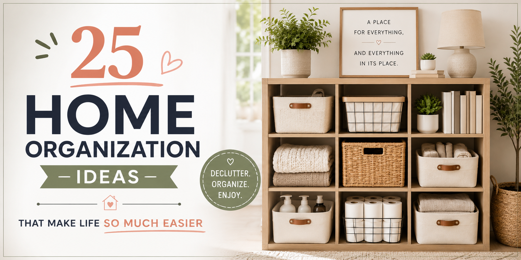 25 home organization ideas featuring a neatly organized storage shelf with baskets, folded linens, books, plants, and practical storage solutions in a bright, cozy home.