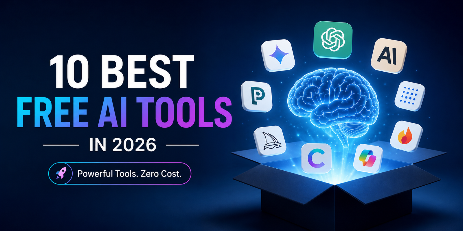 10 best free AI tools in 2026 featuring powerful AI tools for writing, research, design, productivity, images, presentations, and music