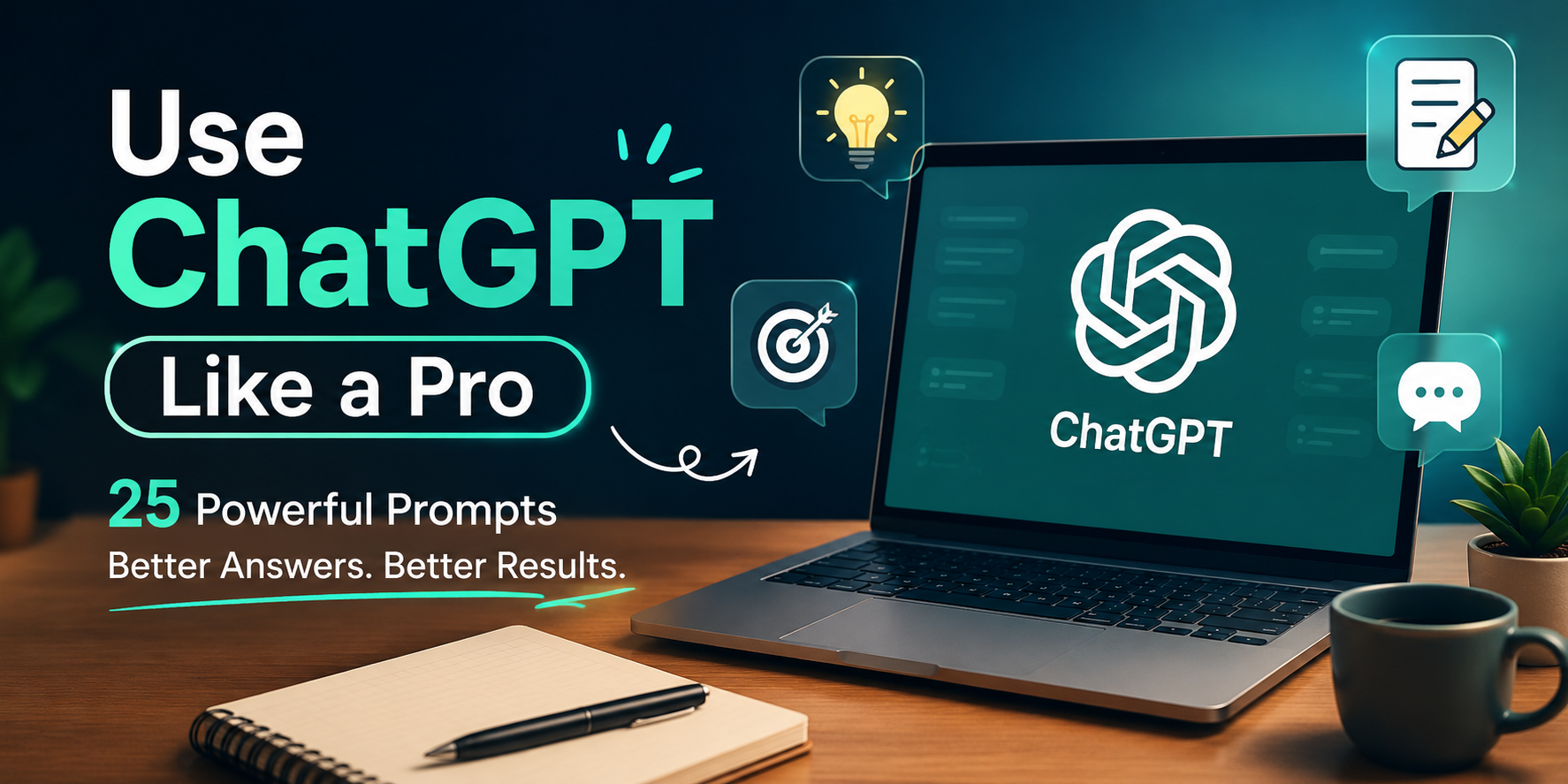 ChatGPT productivity banner showing a laptop with the ChatGPT logo and 25 powerful prompts for getting better AI answers and results.