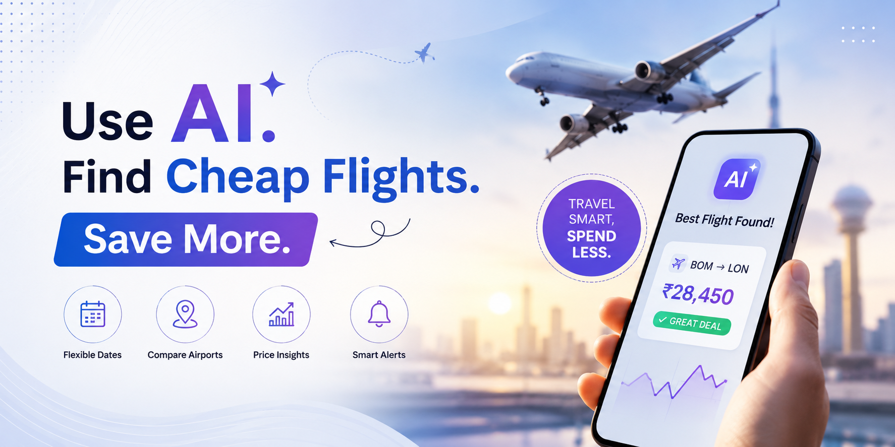 AI-powered cheap flight search banner showing a traveler comparing flight prices, flexible dates, nearby airports, price insights, and smart alerts to save money on airfare.