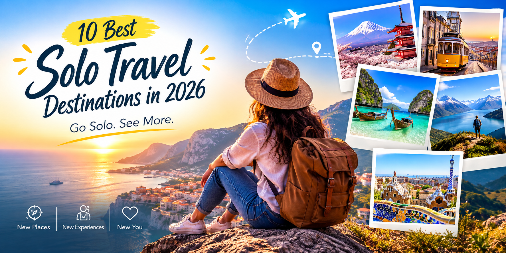 10 best solo travel destinations in 2026 featuring a solo traveler exploring scenic destinations, mountains, beaches, and cultural landmarks