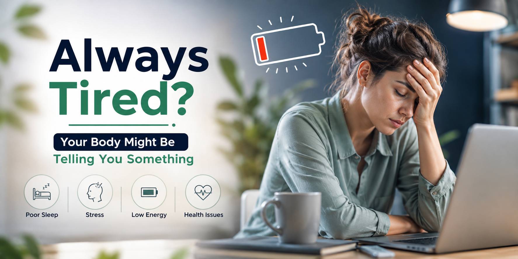 Always tired? Woman feeling exhausted at her desk with low energy, highlighting poor sleep, stress, and possible health-related causes of fatigue.