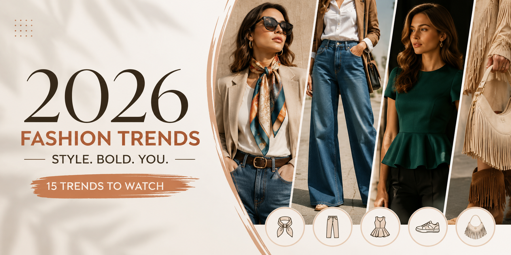 2026 fashion trends featuring wide-leg jeans, scarf styling, peplum silhouettes, fringe details, and modern statement looks