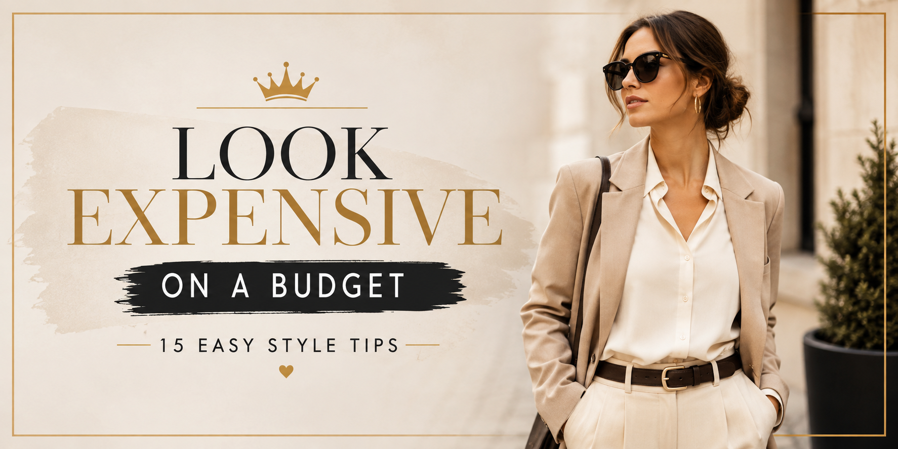 Woman in a polished beige outfit with elegant styling and text “Look Expensive on a Budget” featuring 15 easy style tips.