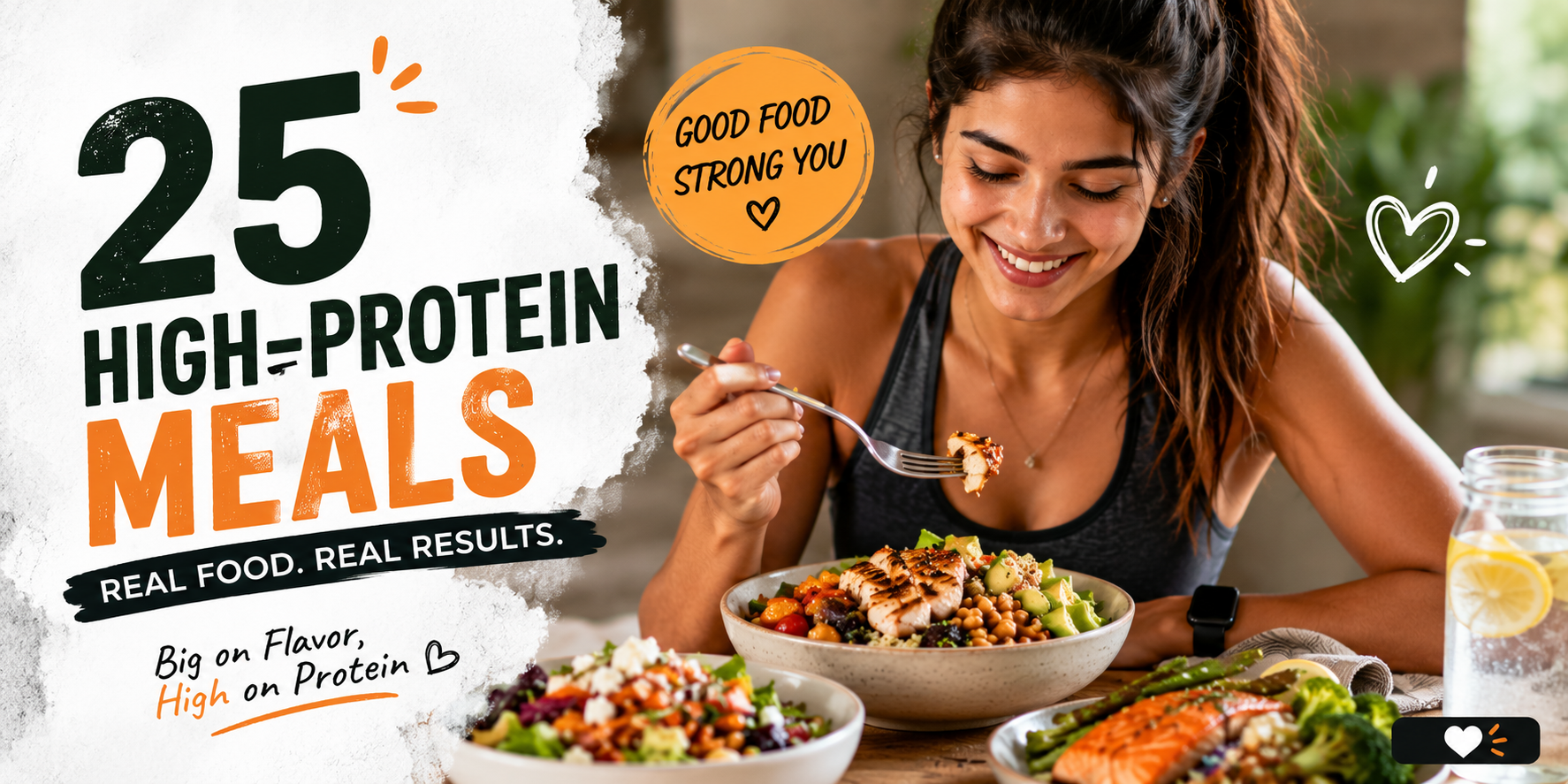 25 high-protein meals that are flavorful and satisfying, featuring a woman enjoying a protein-rich chicken bowl with fresh vegetables and salmon dishes.