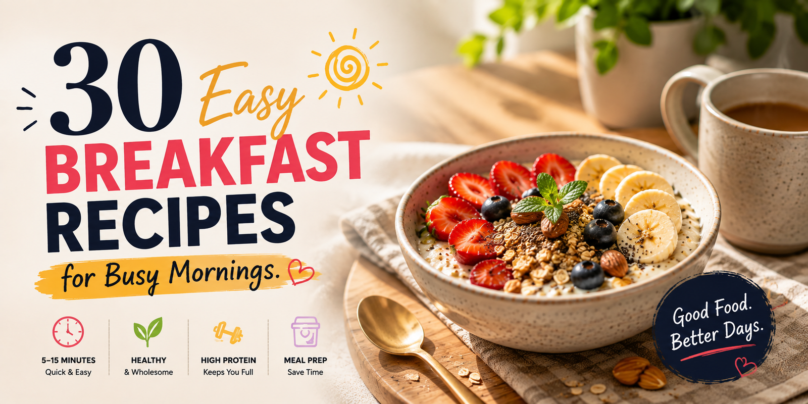 30 easy breakfast recipes for busy mornings featuring a healthy fruit and granola breakfast bowl, quick meal ideas, high-protein options, and meal-prep inspiration.