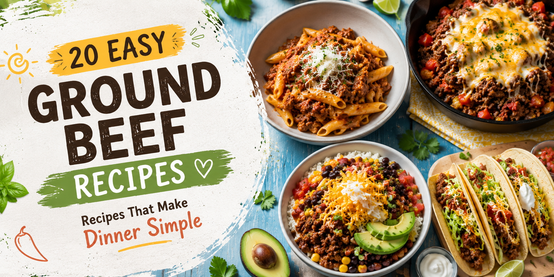 20 easy ground beef recipes featuring colorful dishes including beef pasta, cheesy skillet, burrito bowls, and tacos for simple weeknight dinners.