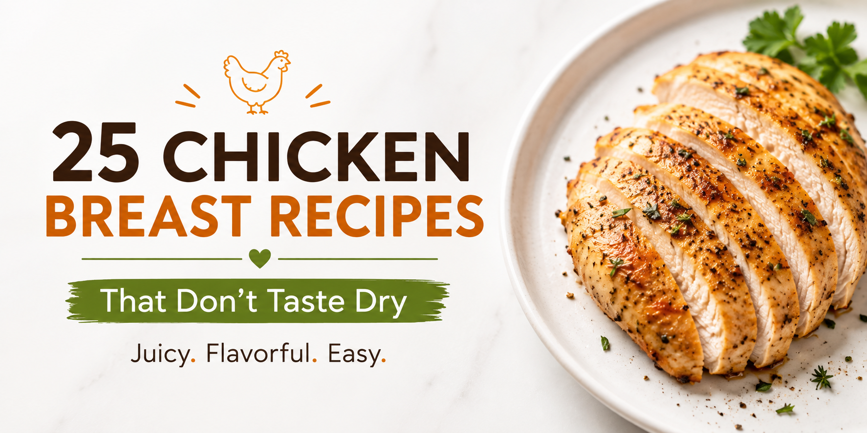 25 chicken breast recipes that don’t taste dry, featuring juicy seasoned chicken breast served with herbs and a simple recipe banner.