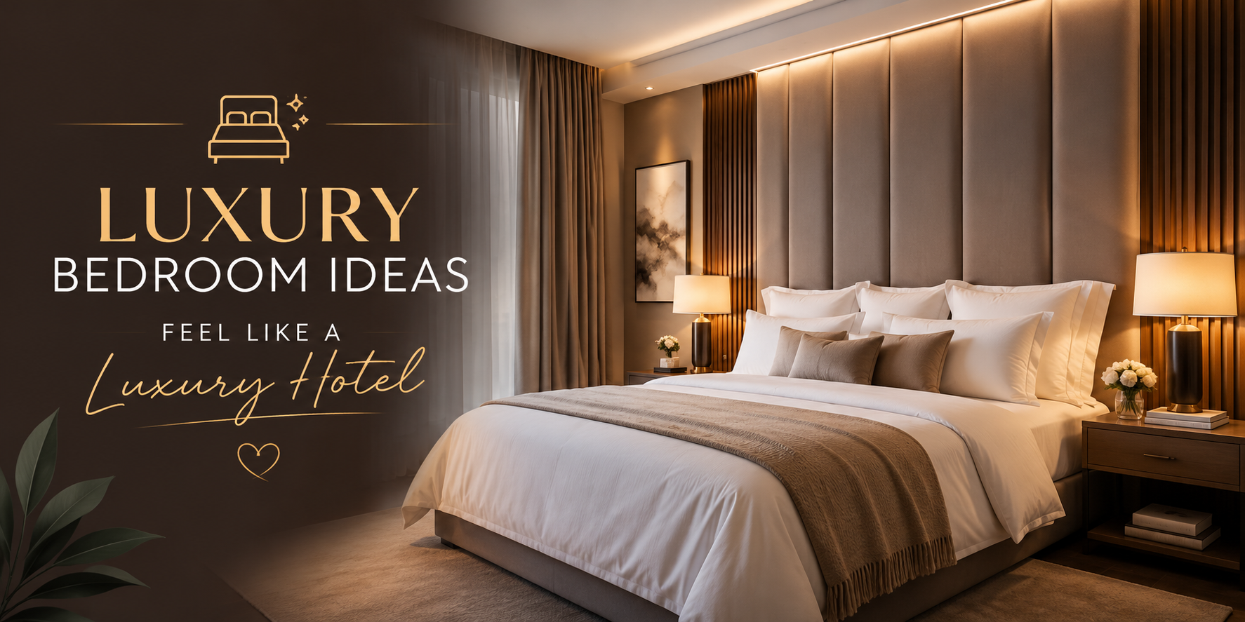 Luxury bedroom with hotel-inspired decor, layered white bedding, upholstered statement headboard, warm lighting, elegant nightstands, neutral tones, and cozy textures.