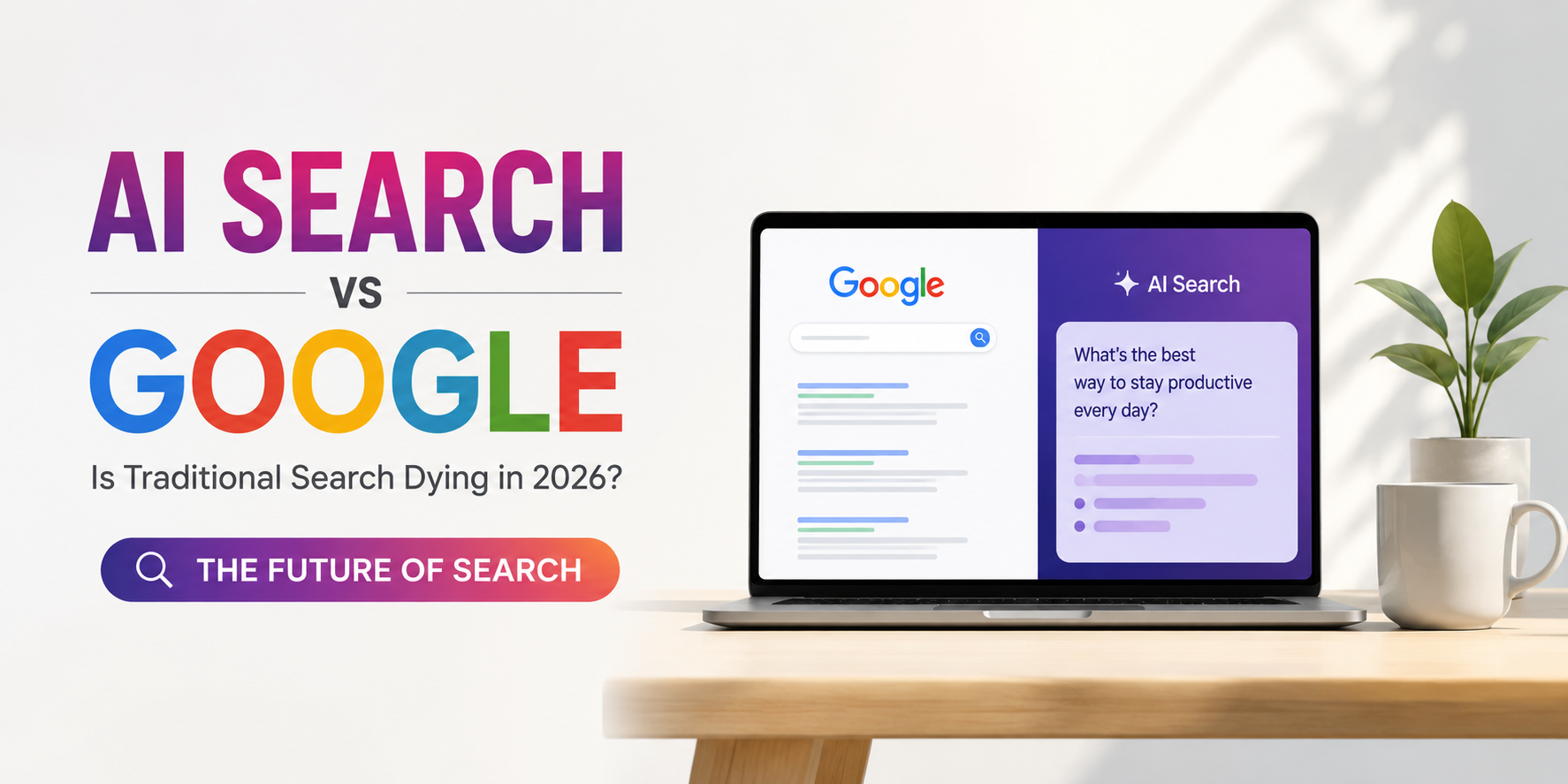 AI Search vs Google comparison banner showing traditional Google search results alongside an AI-powered search interface, highlighting the future of search in 2026.