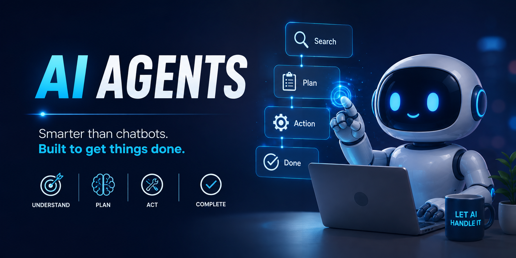 AI agents illustration showing a futuristic robot using a laptop, with a visual workflow of search, planning, action, and task completion.