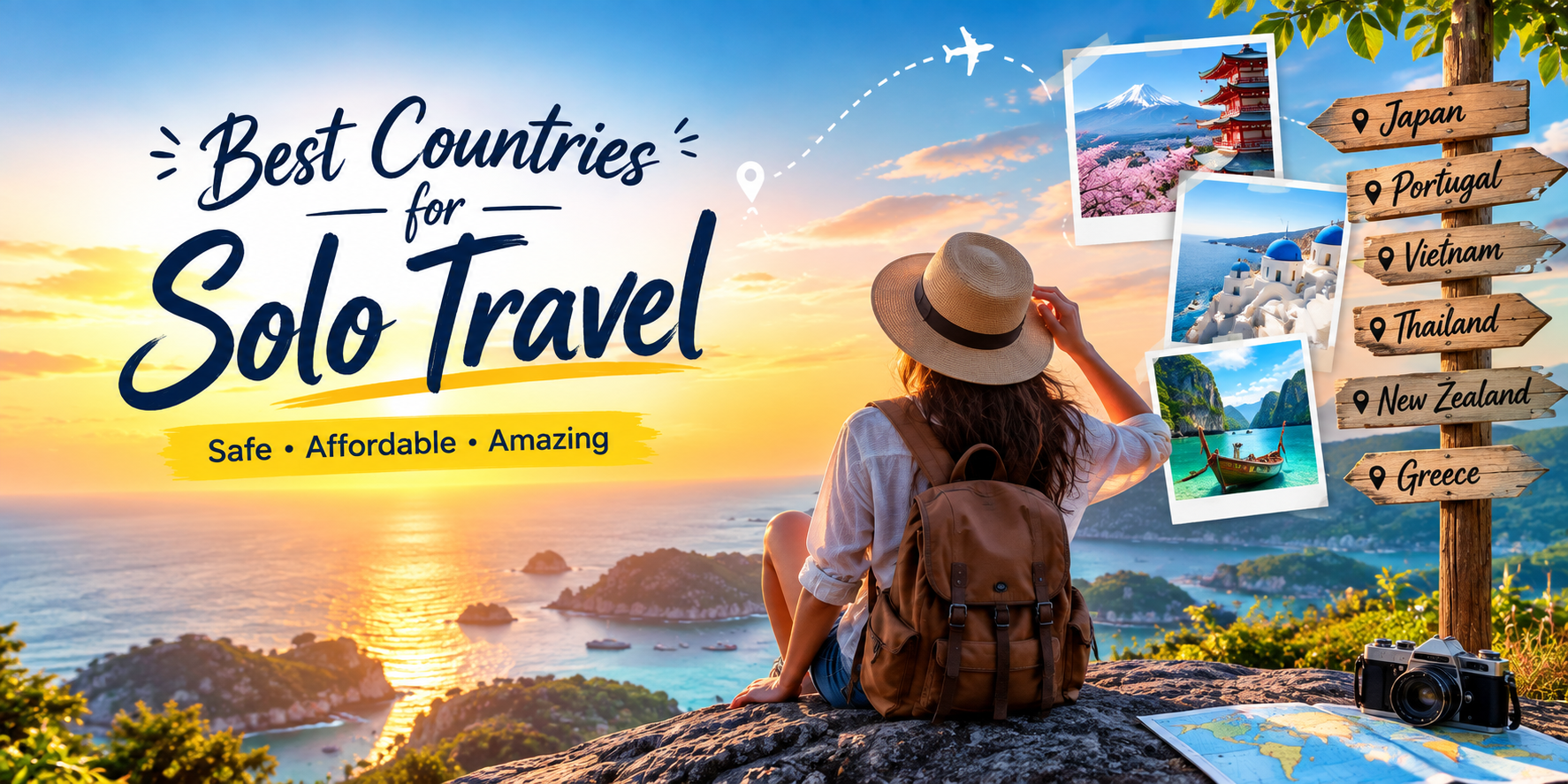 Solo female traveler overlooking a scenic coastal destination at sunset with travel signs for Japan, Portugal, Vietnam, Thailand, New Zealand, and Greece, highlighting the best countries for solo travel.
