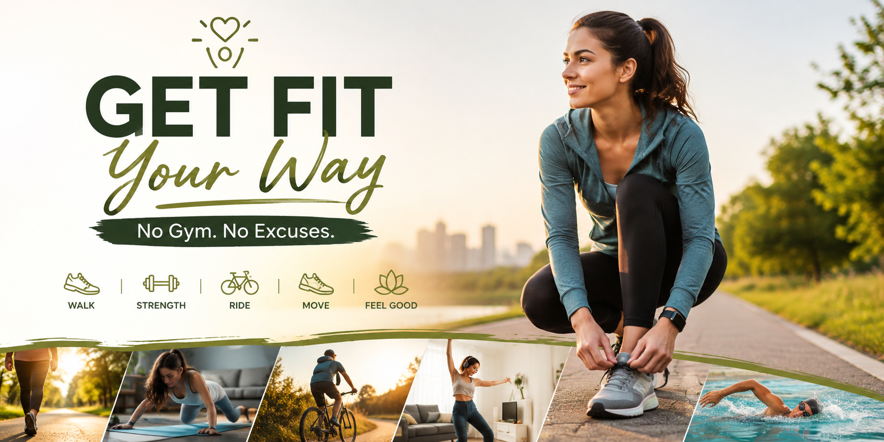 Get fit without a gym with walking, strength training, cycling, dancing, and swimming activities for a simple active lifestyle.