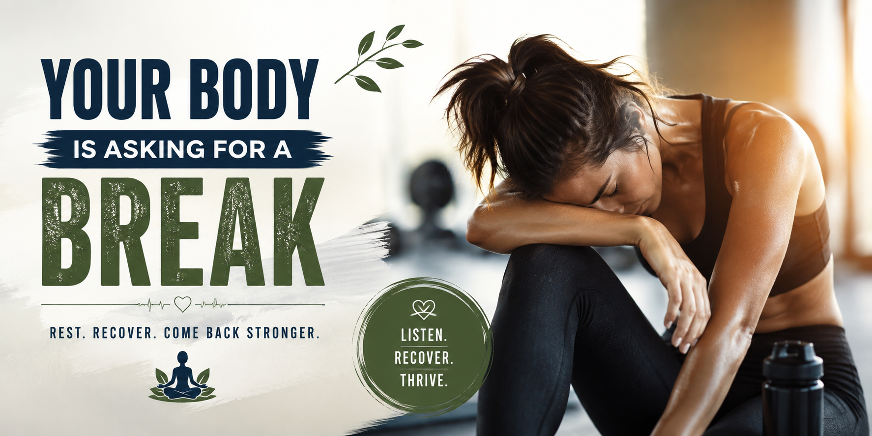 Fitness recovery banner showing an exhausted woman resting in a gym with the message “Your Body Is Asking for a Break,” emphasizing rest, recovery, and coming back stronger.