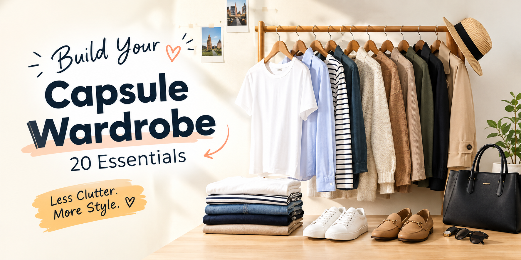 Capsule wardrobe with 20 essential clothing pieces, including neutral tops, shirts, jeans, trousers, jackets, shoes, and accessories for creating versatile stylish outfits.
