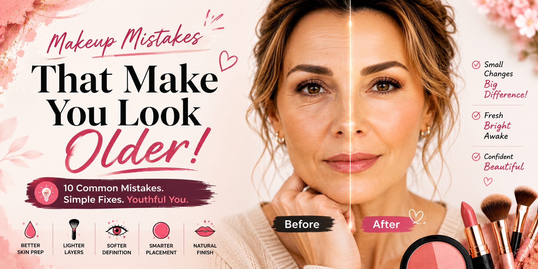 Makeup mistakes that make you look older, featuring a before-and-after mature makeup transformation with simple tips for a fresher, more natural look.
