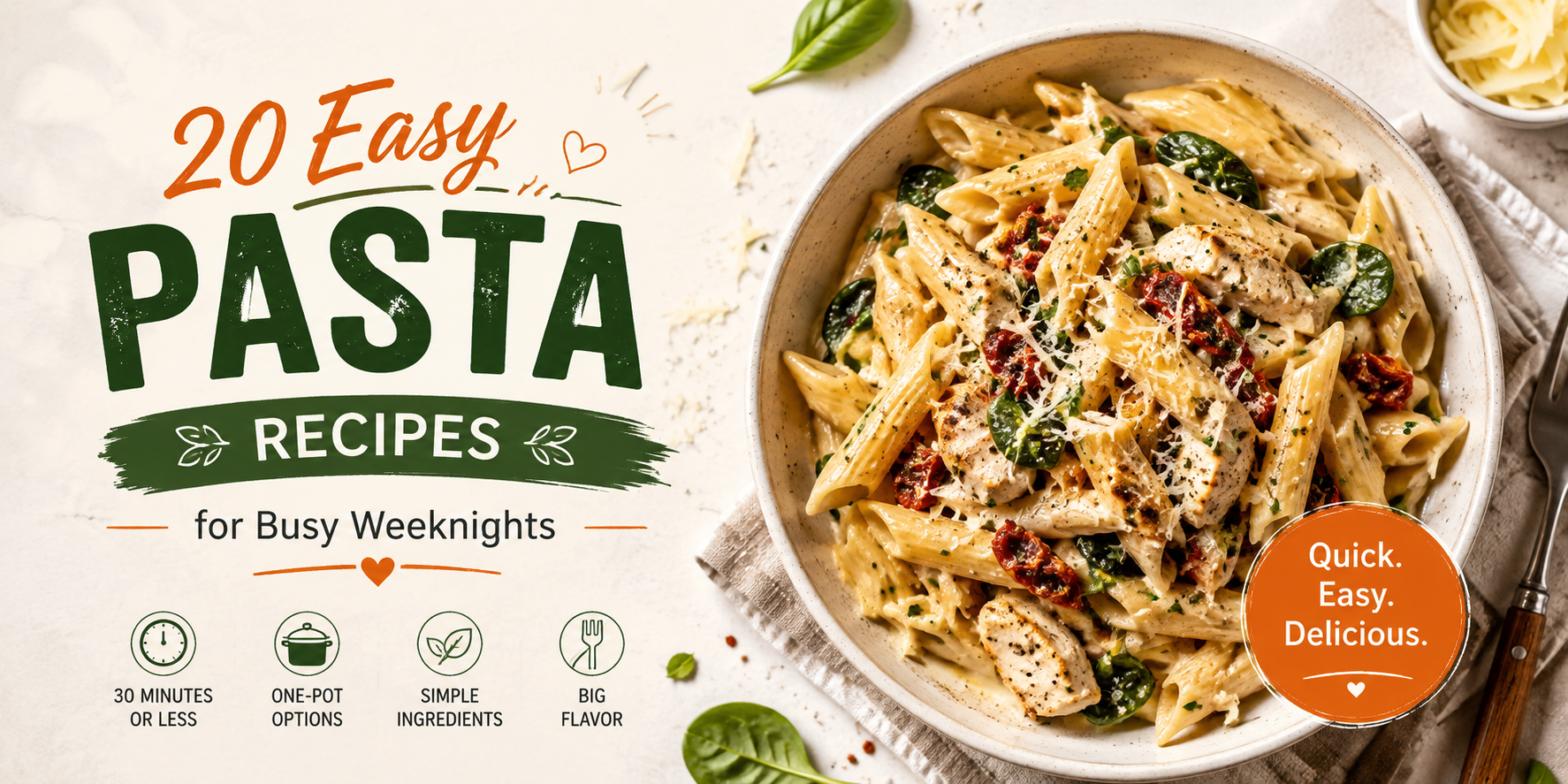 20 easy pasta recipes for busy weeknights featuring creamy chicken pasta with spinach, tomatoes, Parmesan, and herbs, highlighting quick and flavorful dinner ideas.