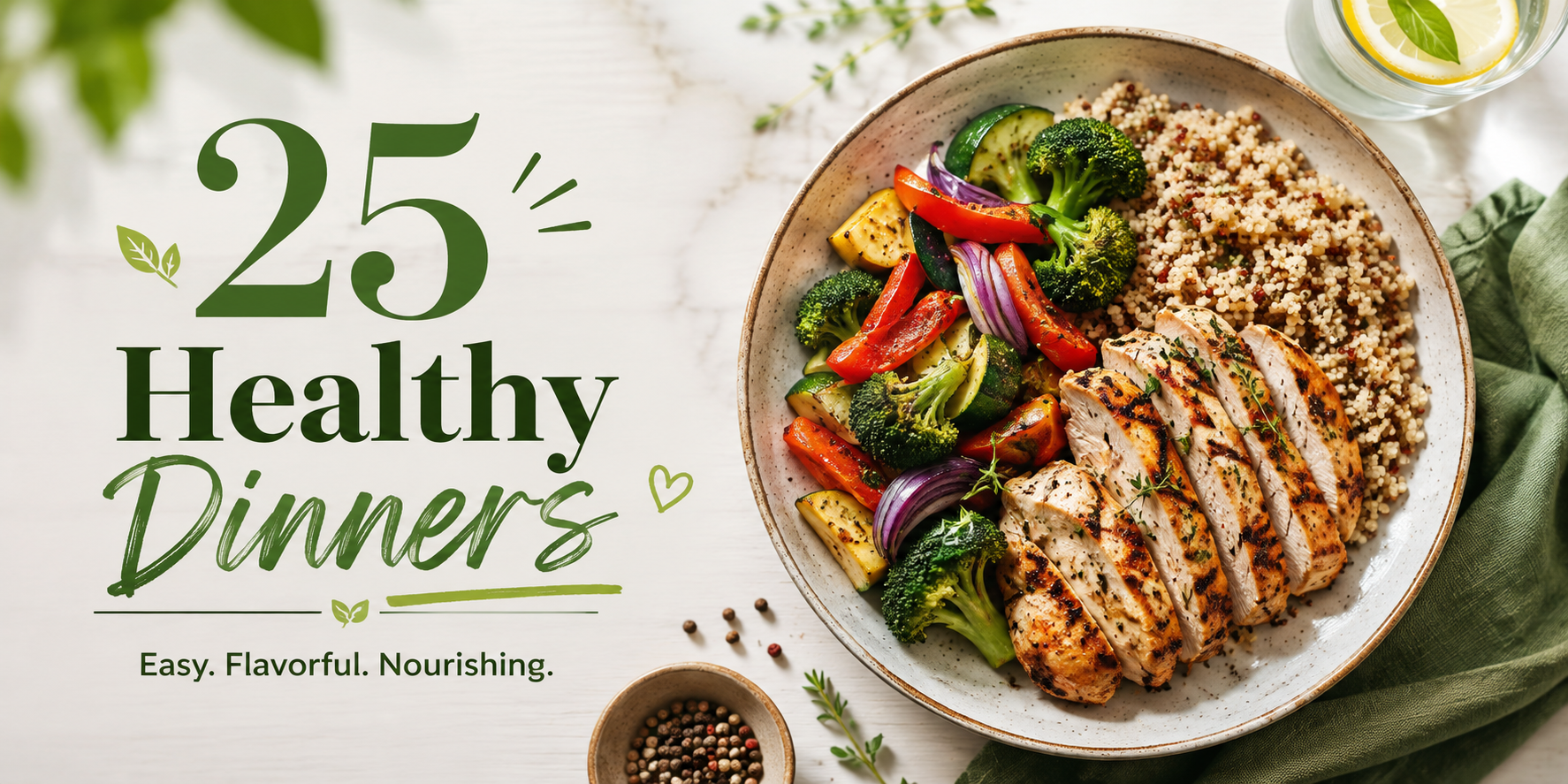 25 healthy dinner recipes featuring grilled chicken, quinoa, colorful roasted vegetables, and fresh herbs, with the headline “25 Healthy Dinners” on a clean food-blog banner.