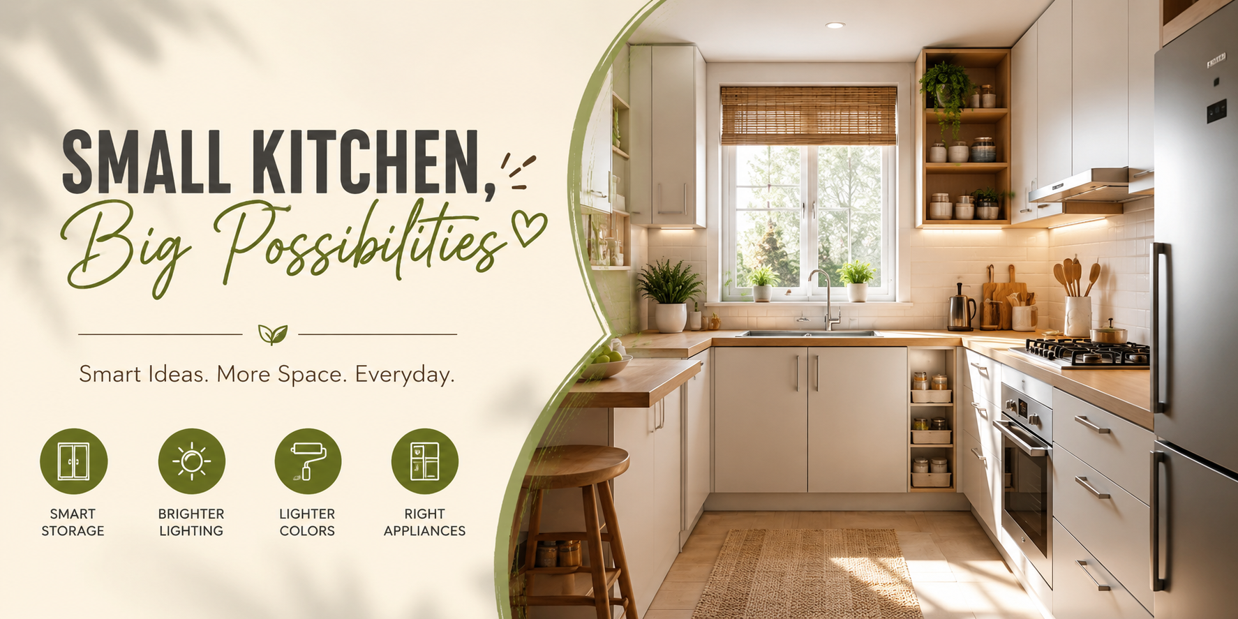 Small kitchen with light cabinets, smart storage, natural lighting, organized countertops, and modern design ideas that make a tiny space feel bigger and brighter.