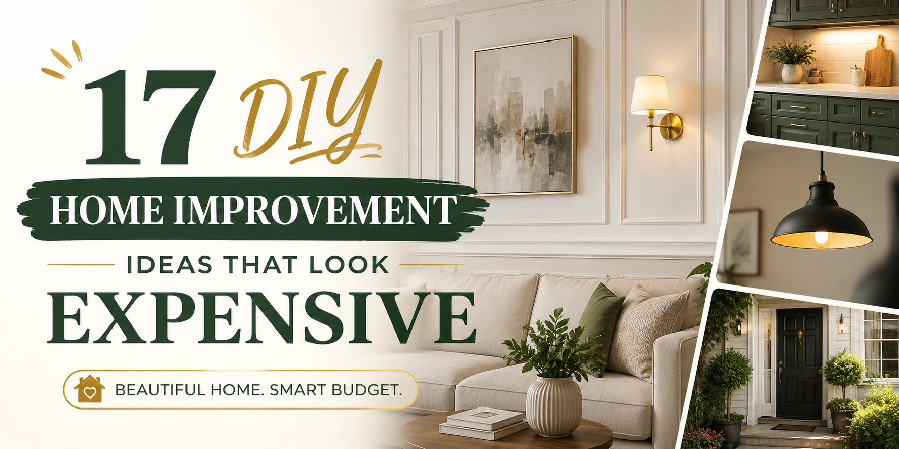 17 DIY home improvement ideas that make a home look expensive on a budget, featuring stylish wall molding, elegant lighting, kitchen upgrades, and an inviting front entryway.