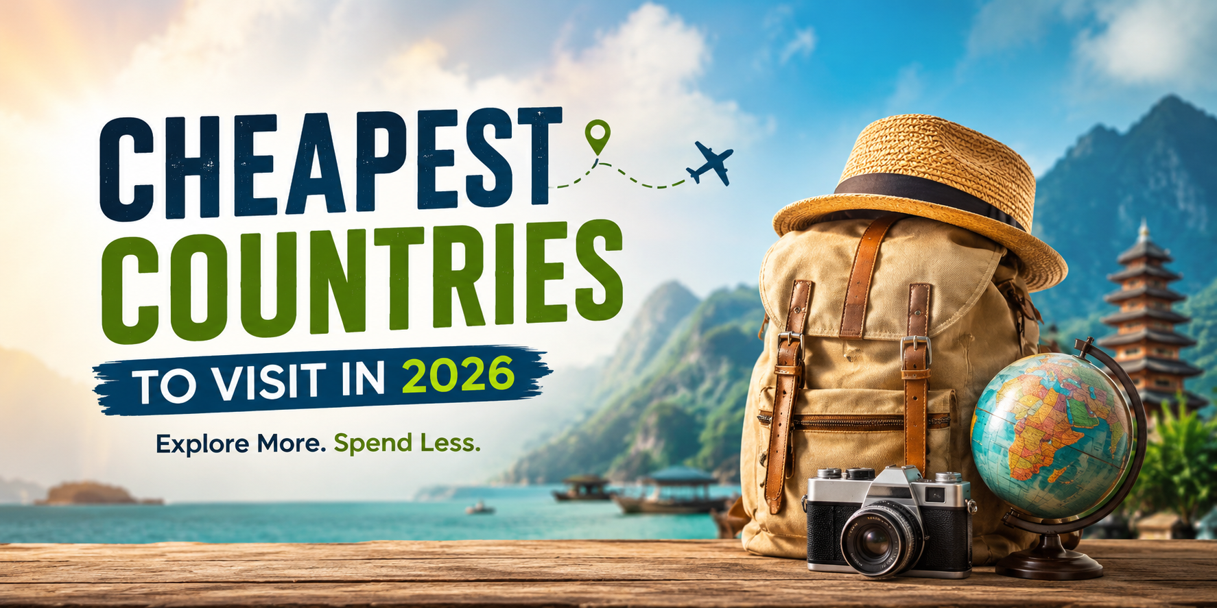 Cheapest countries to visit in 2026 travel banner featuring a budget backpack, camera, globe, scenic mountains, and the message “Explore More. Spend Less.”