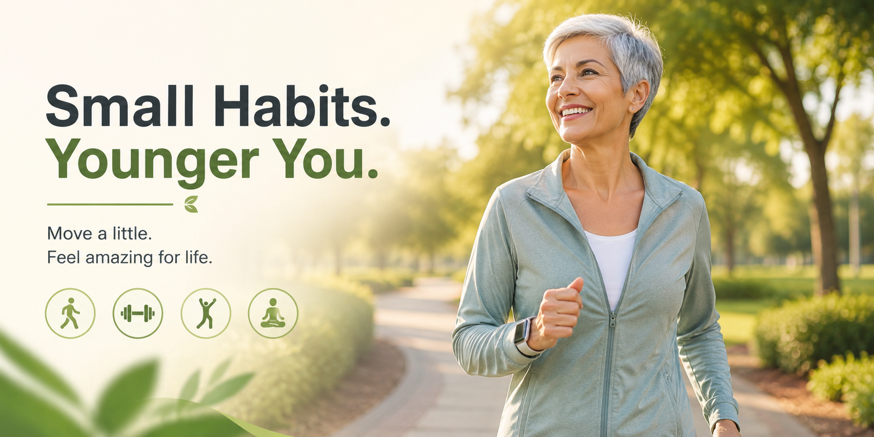 Small fitness habits for healthy aging, featuring a smiling older woman walking outdoors with walking, strength, mobility, and wellness icons.
