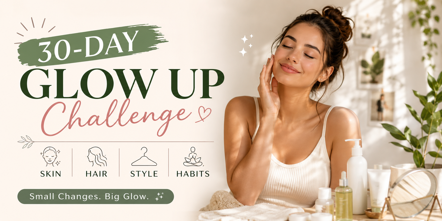 30-day glow up challenge featuring skincare, hair care, personal style, grooming, and healthy lifestyle habits for a more confident and polished look.