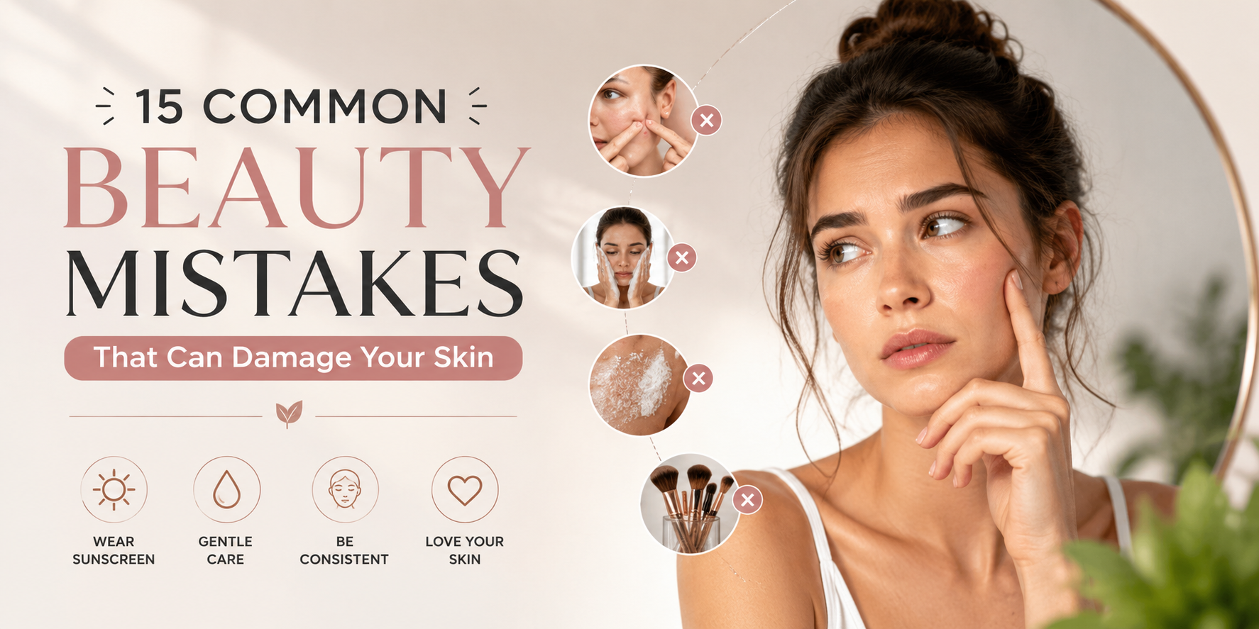 15 common beauty mistakes that can damage your skin, including over-cleansing, picking pimples, harsh exfoliation, and poor makeup hygiene