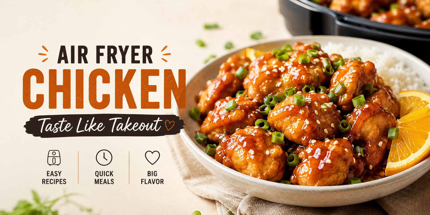 Air fryer chicken recipes with crispy takeout-style chicken, glossy orange sauce, sesame seeds, and green onions served over rice