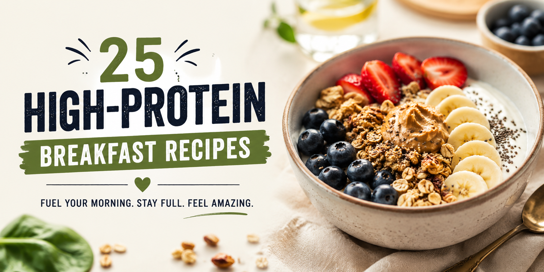 25 high-protein breakfast recipes featuring a colorful Greek yogurt and berry breakfast bowl with banana, chia seeds, nuts, and granola, promoting filling and healthy morning meal ideas.