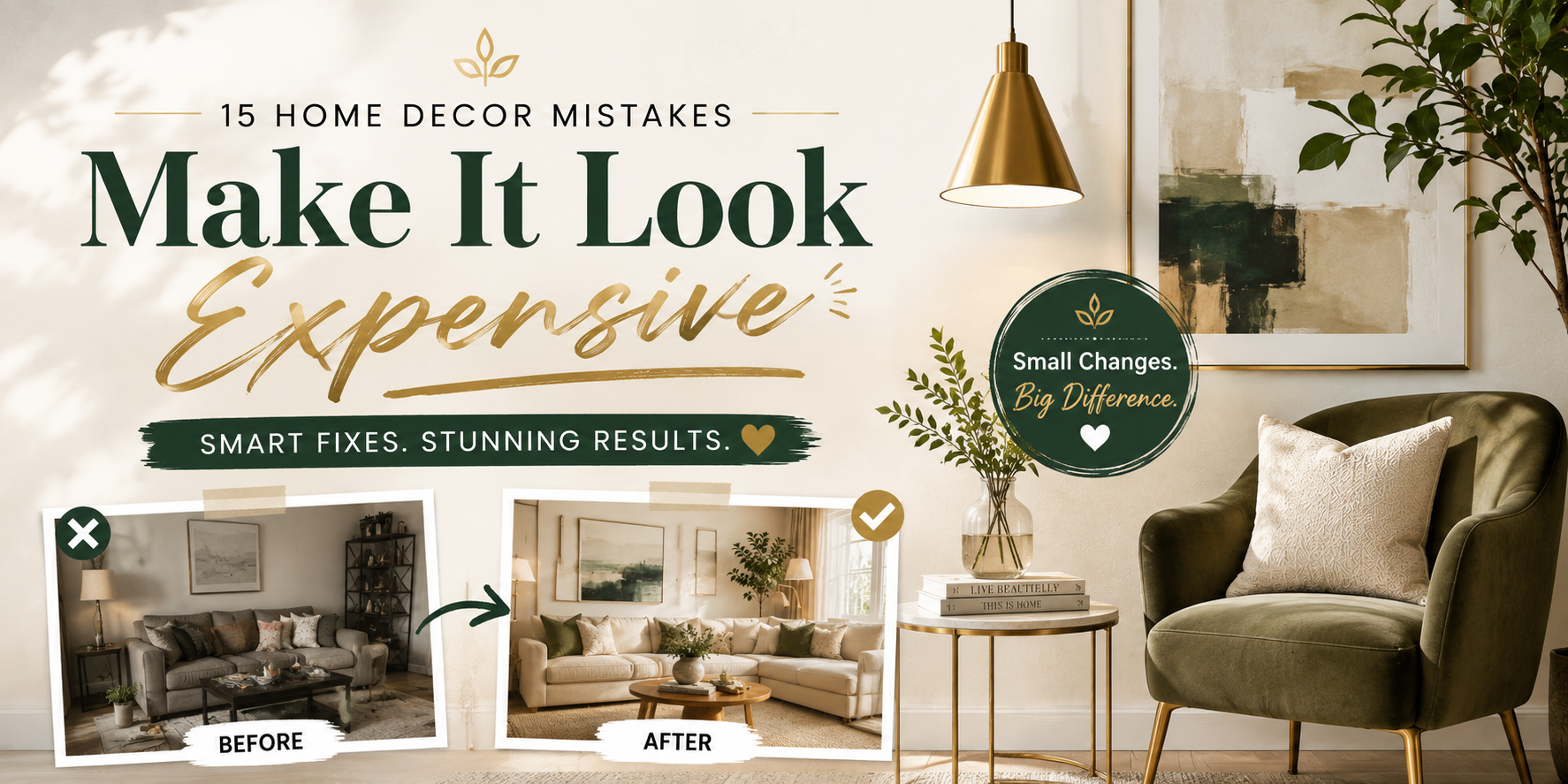 15 home decor mistakes that can make a house look cheap, shown through a before-and-after living room makeover with stylish furniture, warm lighting, greenery, and polished decor.