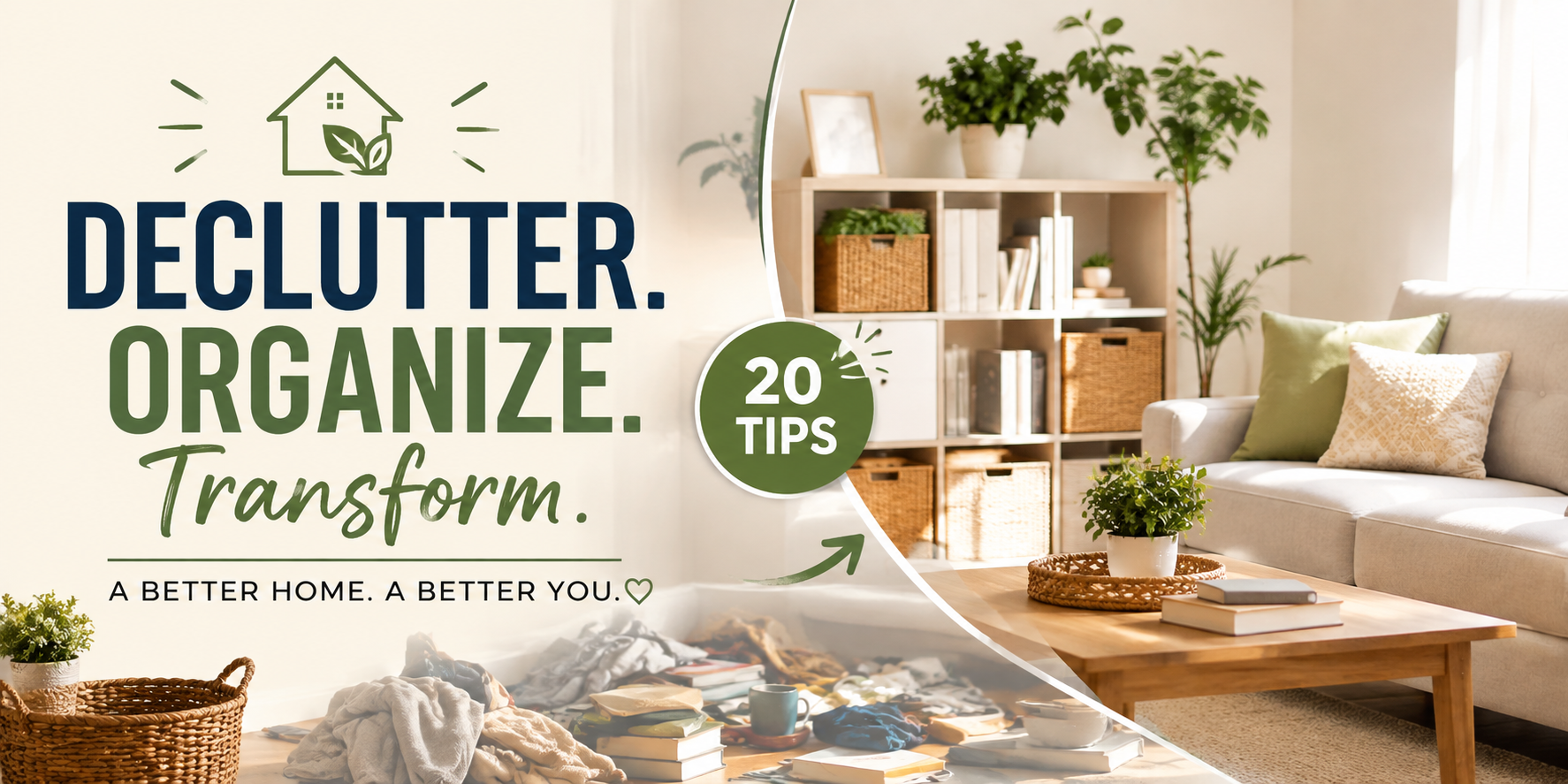 Before-and-after home decluttering transformation with a clean, organized living room and 20 practical decluttering tips.
