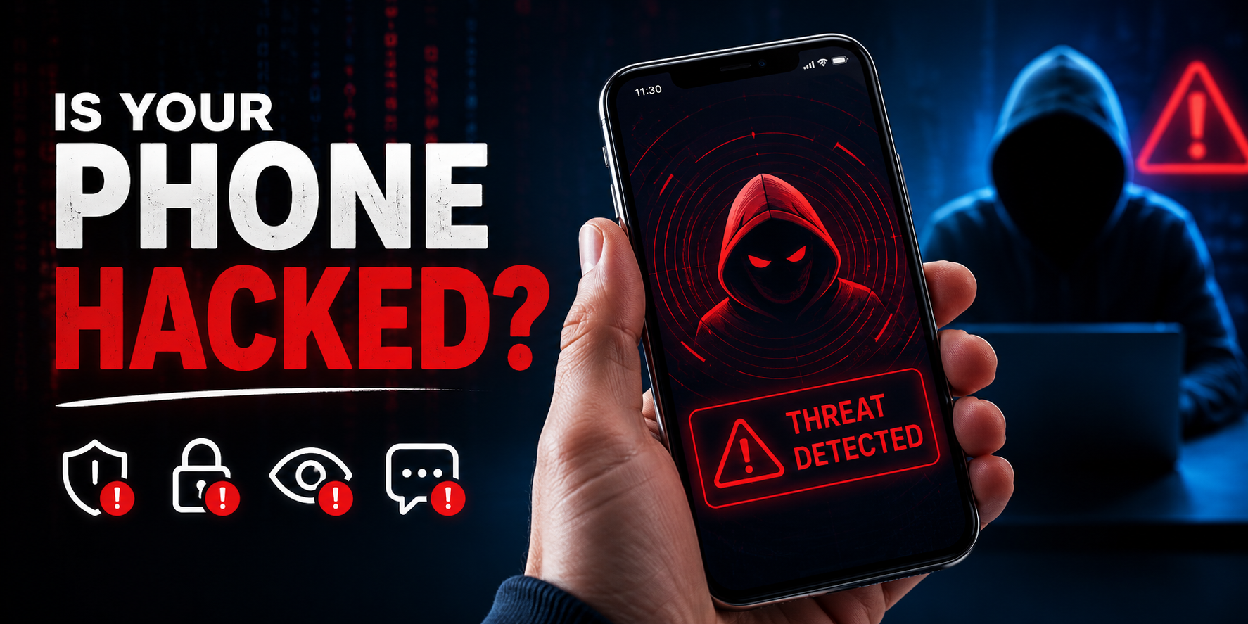 Is your phone hacked? Smartphone cybersecurity warning showing a detected threat, hacker silhouette, and phone security alerts.