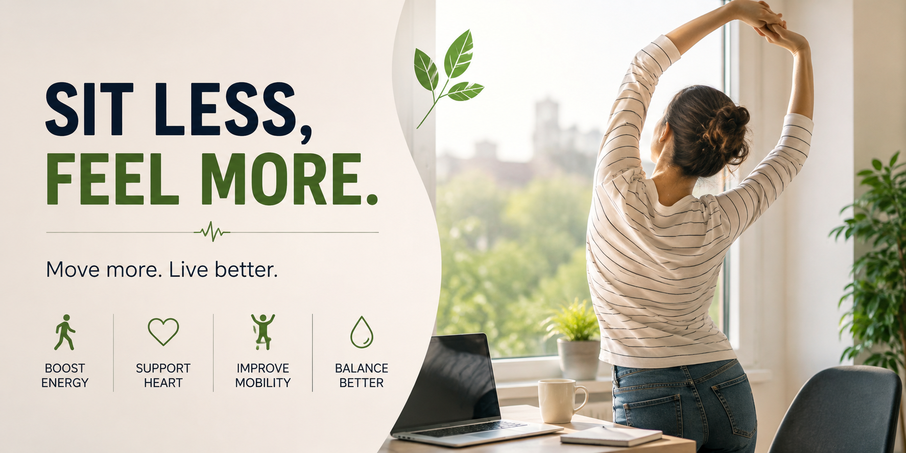 Woman stretching beside a desk after prolonged sitting, promoting movement, mobility, and a healthier active workday