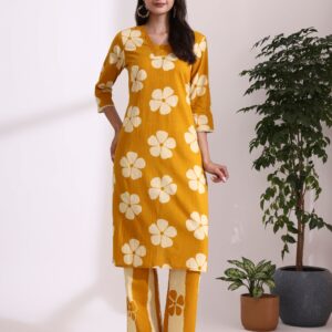 Floral Printed Straight Pure Cotton Kurta & Trousers Sets