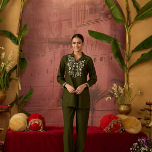 Floral Embroidered Straight Viscose Rayon Top & Trousers Sets