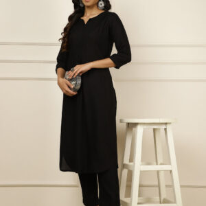 Black Pleated Straight Kurta With Pants