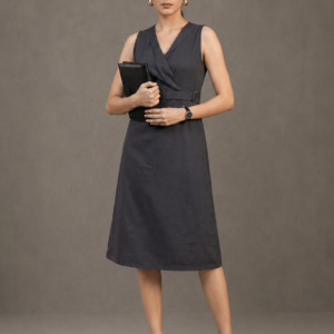 Grey Straight Fit Dress With Belt Detail