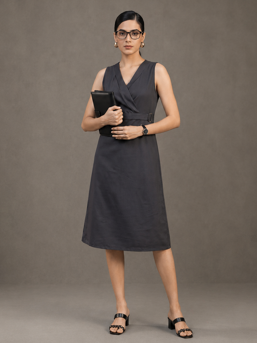 Grey Straight Fit Dress With Belt Detail