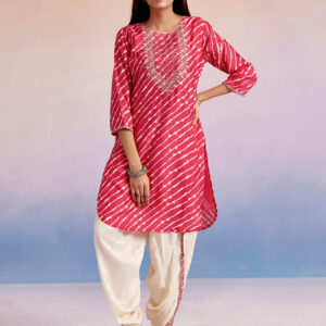 Fuchsia Embroidered Leheriya Kurta With Dhoti