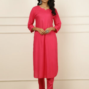 Fuchsia Pleated Straight Kurta With Pants